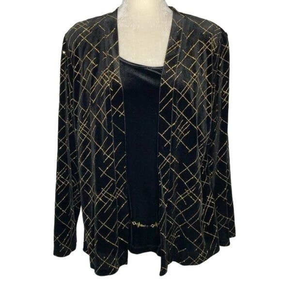 Notations Layered Look Cardigan Top L Black Velvet Gold Removable Jewelry Belt - Picture 1 of 6